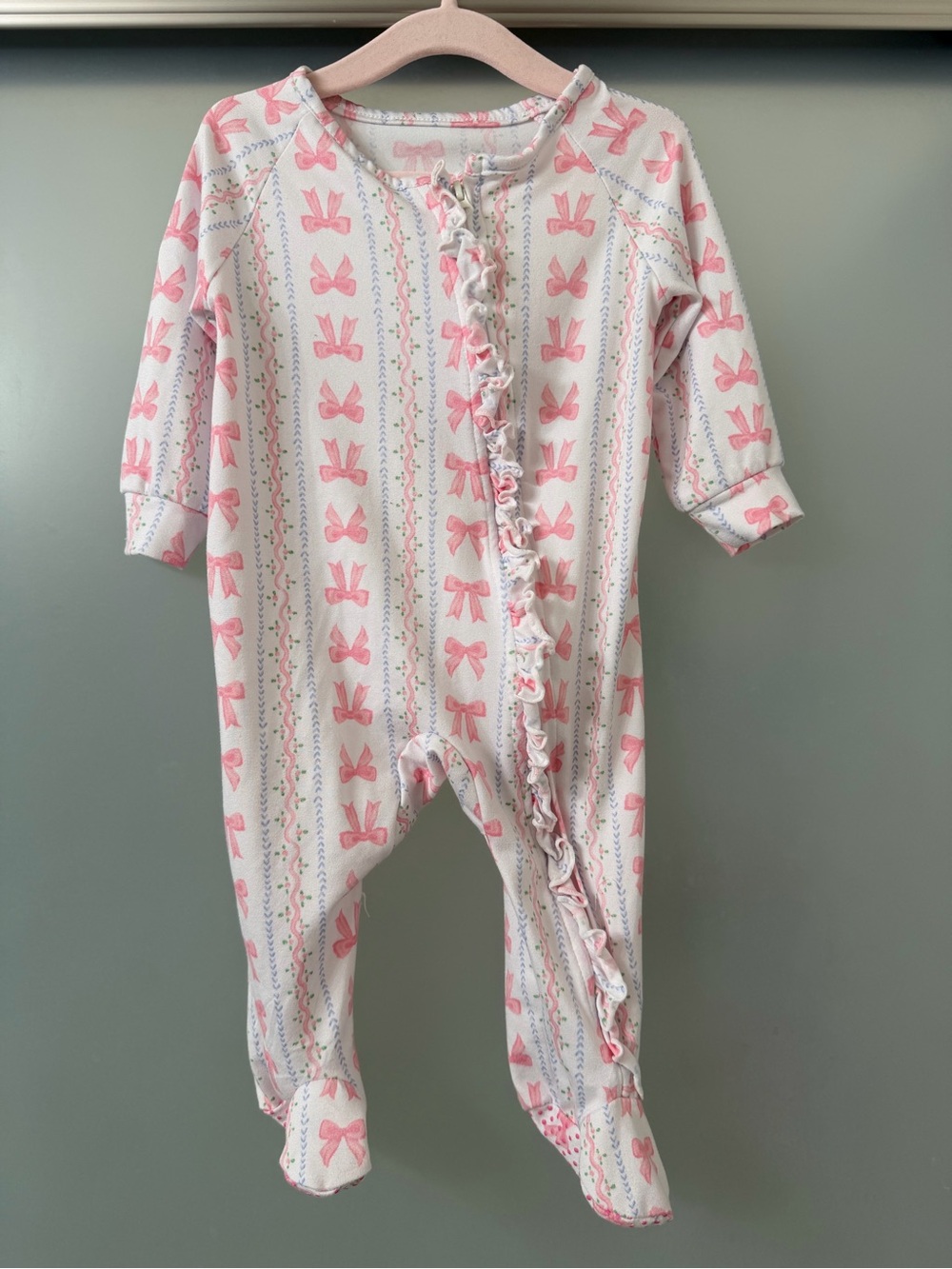 Tahari Baby Pink Bow-Print Footed Onesie for Baby Girl 6M
